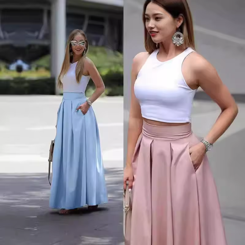 Jupes longues pour femmes printemps été taille haute couleur unie jupe longue femmes poche trajet a-ligne plissée mode jupe longue