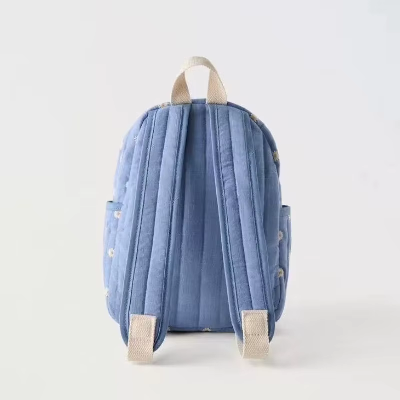 Sac à dos d'étudiant bleu marguerite de dessin animé, sac d'école brodé mignon, sac à dos décontracté unisexe tendance pour les voyages en plein air
