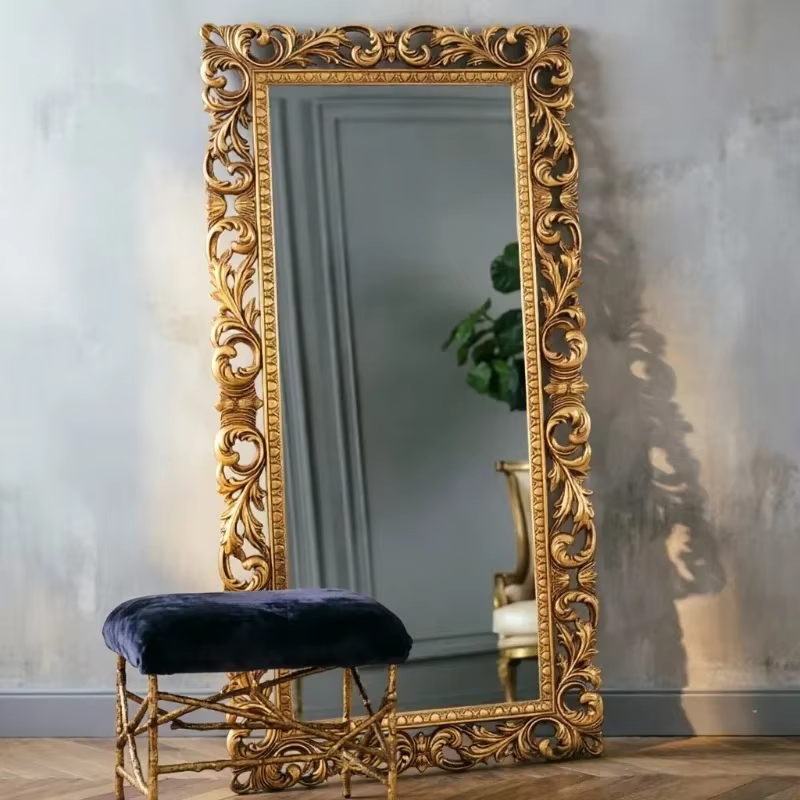 Miroir sur pied rétro pleine longueur, design orné, style européen classique pour la décoration de chambre et de salon