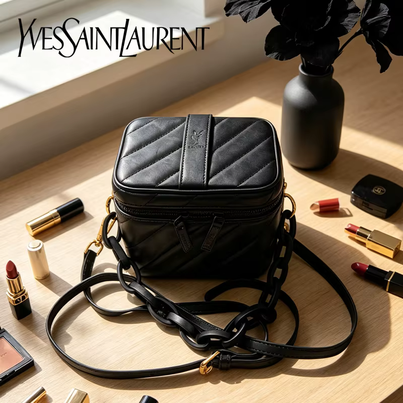 Sac Yves Saint Laurent noir matelassé, mini sac cosmétique YSL avec miroir intégré, pochette de maquillage multifonction avec accessoires détachables DIY