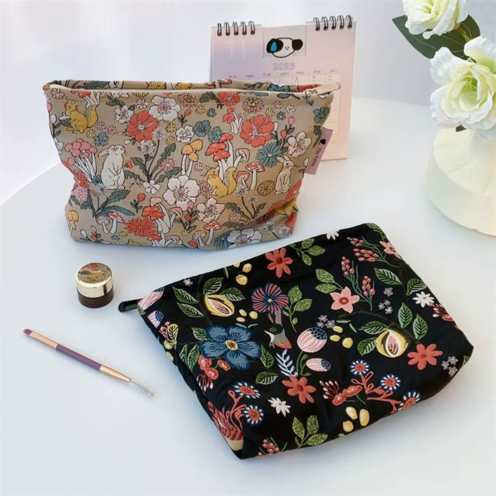 Pochette cosmétique brodée en toile, style coréen, grande capacité, sac de rangement jacquard, trousse de maquillage portable à fermeture éclair, pour l'extérieur