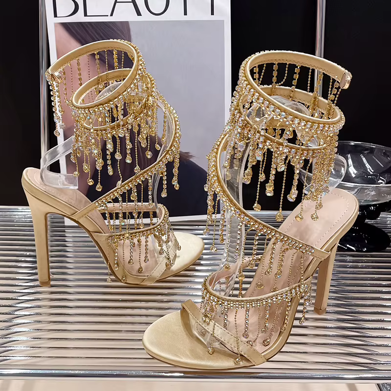 Chaussures dorées mode strass Peep Toe dames talons hauts chaussures en cristal gladiateur sandales femmes talons fins chaussures femme