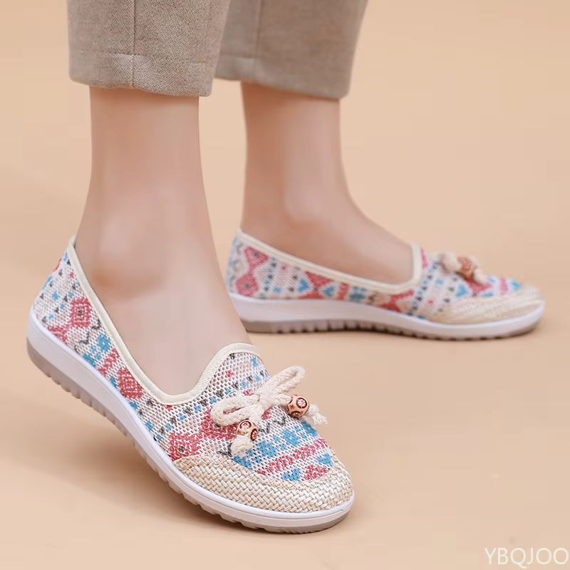 Chaussures en tissu pour femmes, nouvelle collection été 2025, chaussures décontractées respirantes pour mamans, style ethnique, ballerines à bout peu profond pour femmes, Zapatos