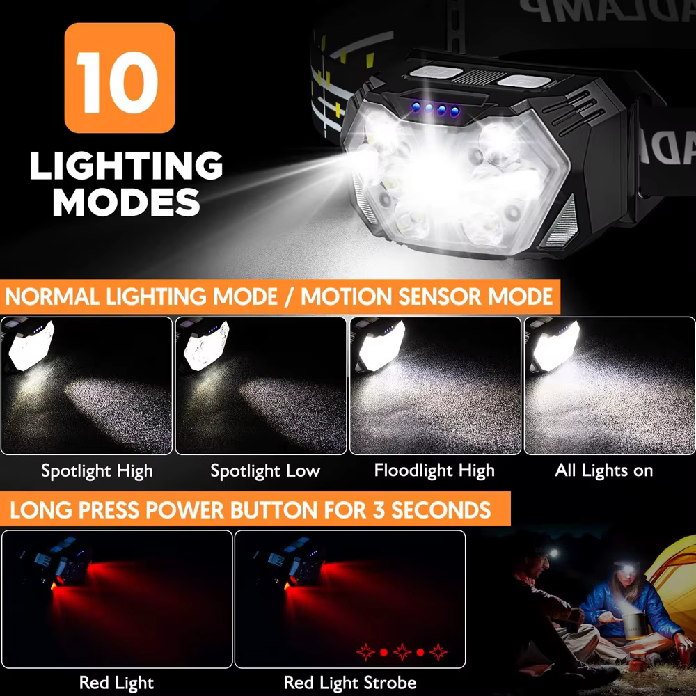 Phare LED Ultra lumineux avec lumière rouge lampe frontale Rechargeable par Usb en plein air course randonnée Camping