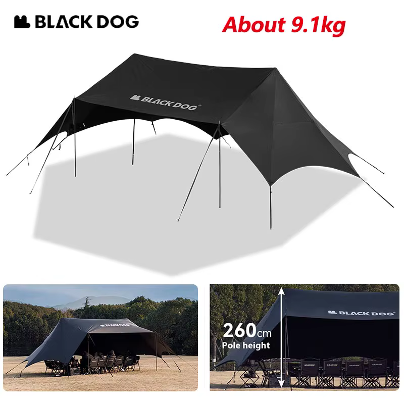 Tente auvent BLACKDOG grand espace, revêtement noir, protection solaire, imperméable, abri solaire, équipement de camping, auvent de fête pour l'extérieur
