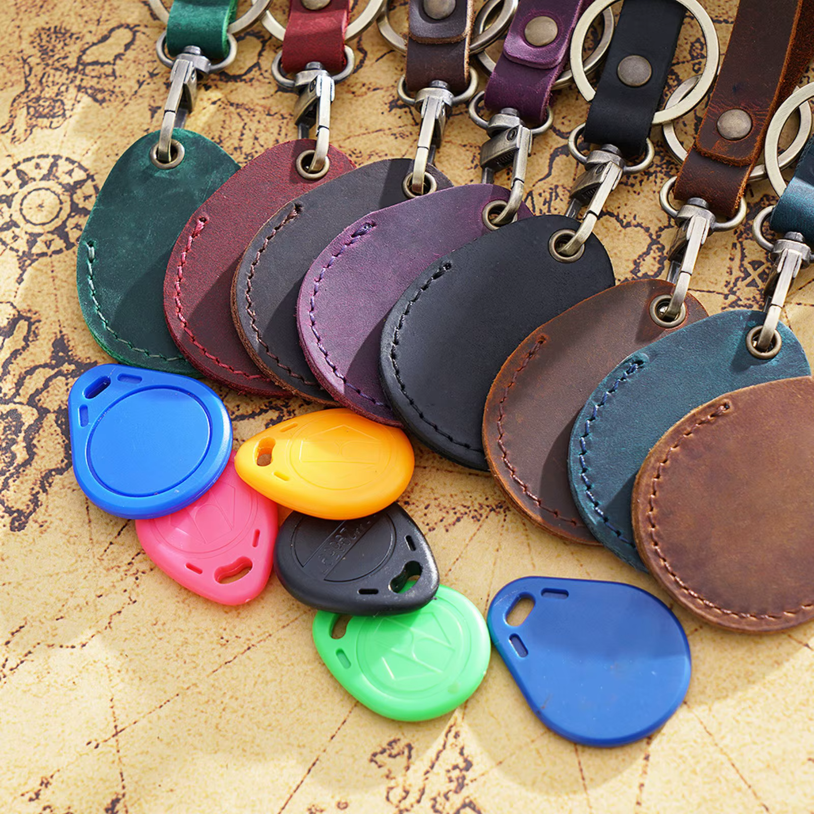 Étui pour carte d'accès en cuir, accessoires de porte-clés Anti-perte et Anti-chute, porte-clés en cuir avec anneau de porte-clés