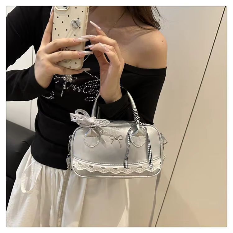 Sac à main Simple et élégant Boston, sac à bandoulière en dentelle avec nœud en ruban, petit sac carré décontracté pour femmes 
