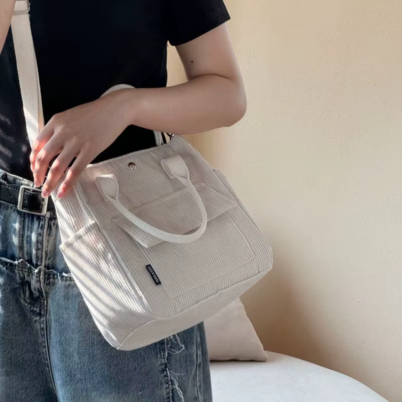 Sac fourre-tout en velours côtelé lavable à la main avec plusieurs poches, sac à bandoulière ou à bandoulière quotidien, cartable de couleur unie pour un usage quotidien