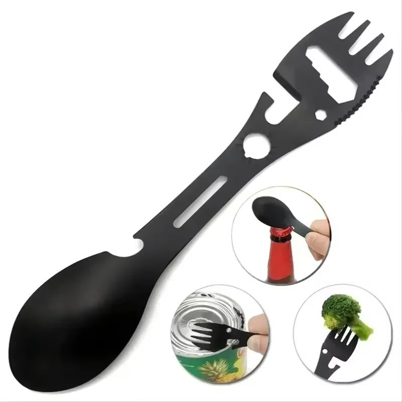 Outils de survie en plein air 5 en 1, kit EDC multifonctionnel pour le camping, fourchette, couteau, cuillère, ouvre-bouteille/ouvre-boîte pratique