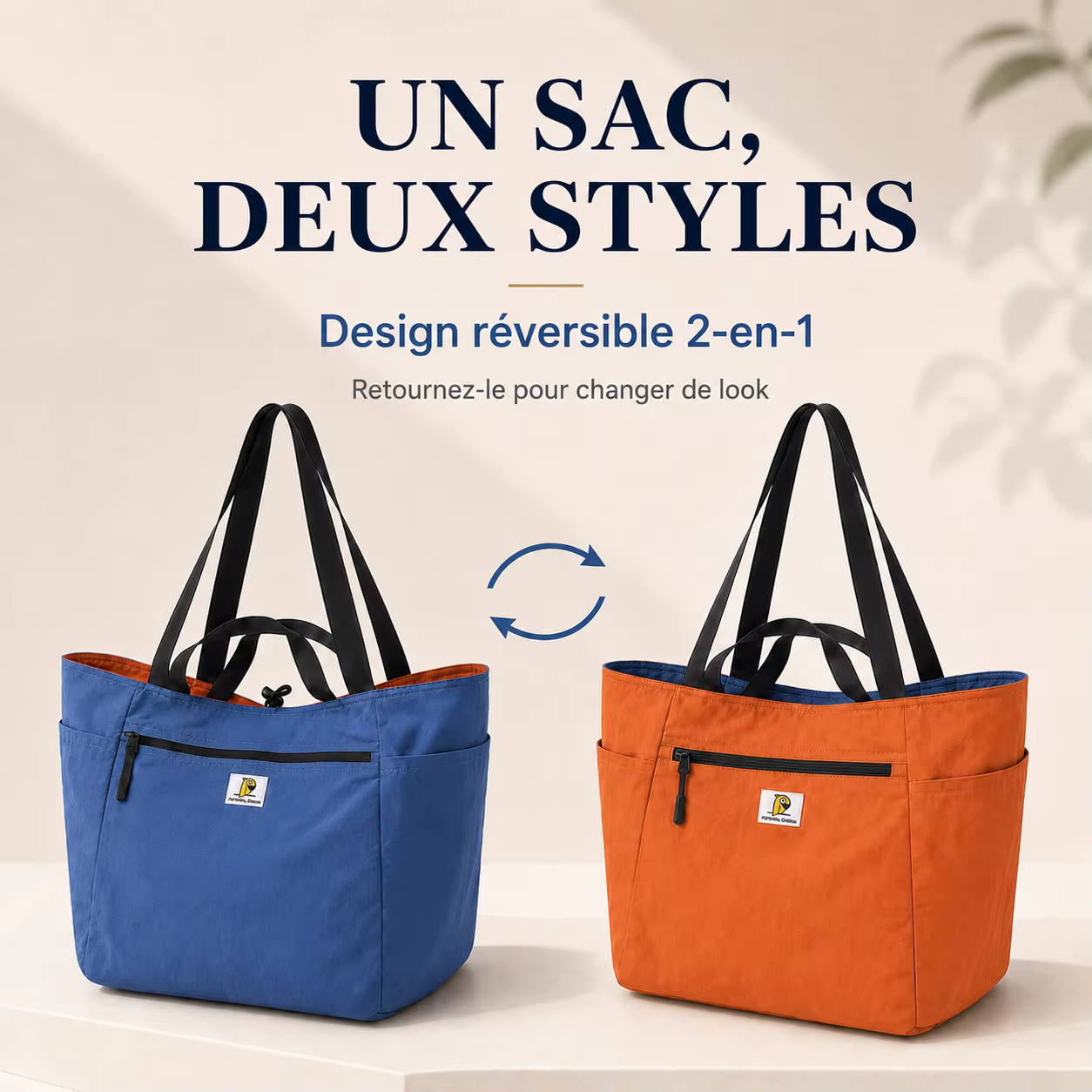 Sac Cabas Femme Réversible en Nylon Lavé Léger Déperlant Grande Capacité Multi-Poches Sac à Épaule de Voyage