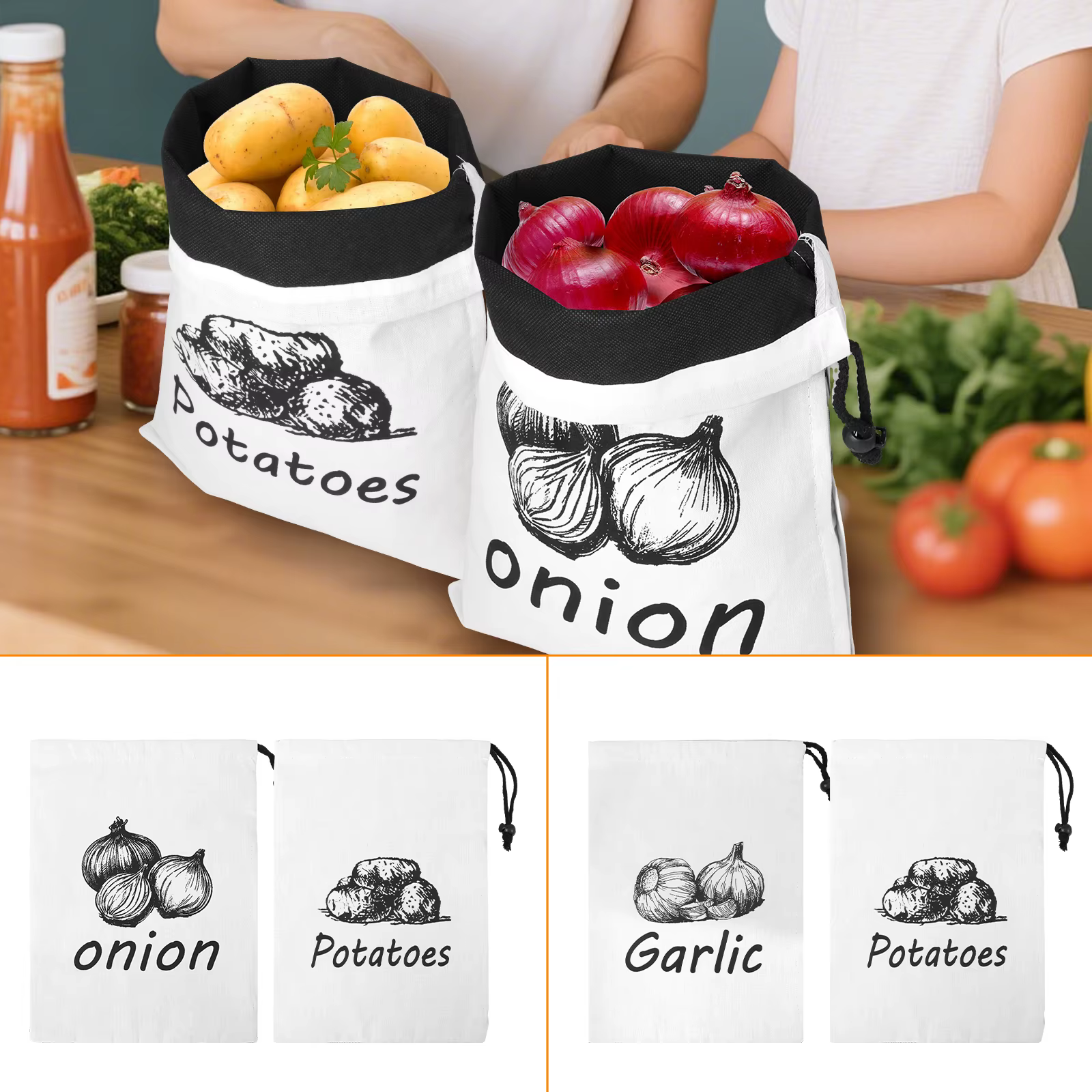 Sac de rangement pour pommes de terre et oignons, 2 pièces, avec cordon de serrage, organisateur de fruits et légumes frais, rangement réutilisable pour la cuisine domestique