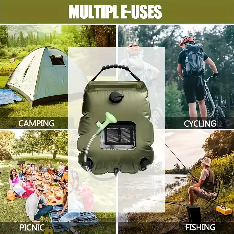 Sac de douche de camping 1/2 pièces - Sac de douche extérieur, sac à eau, tuyau détachable et pomme de douche interchangeable.