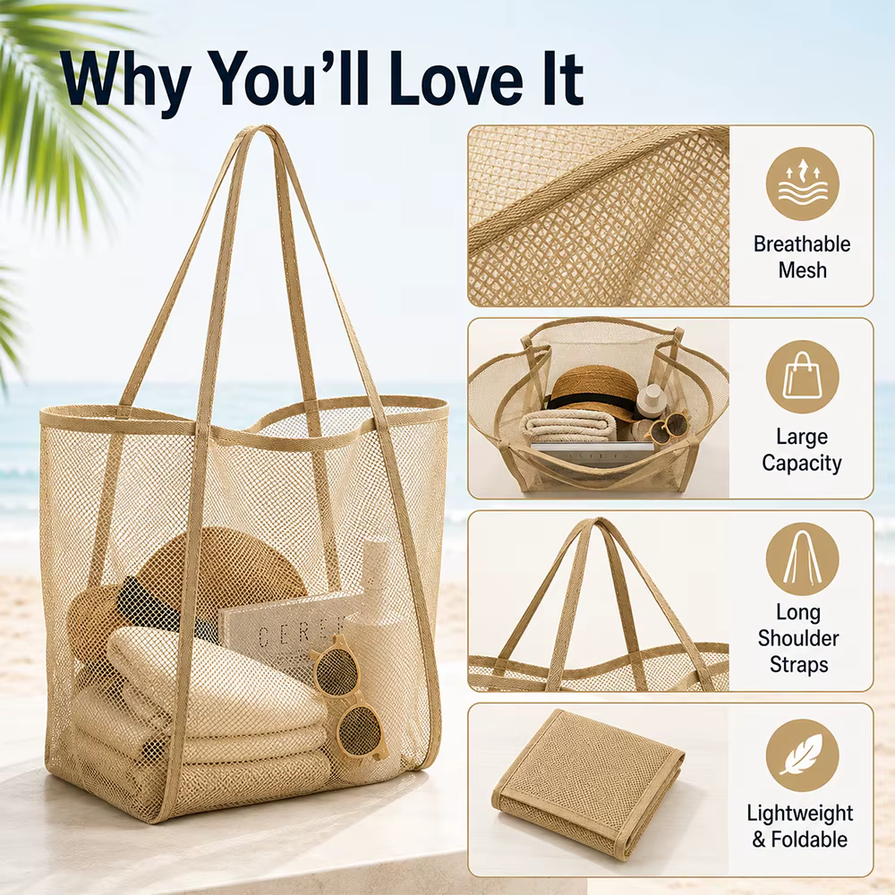 Sac de plage en maille portable, léger, respirant, à séchage rapide, sac de voyage pour les sorties à la plage, les activités de plein air, le rangement des serviettes et des jouets