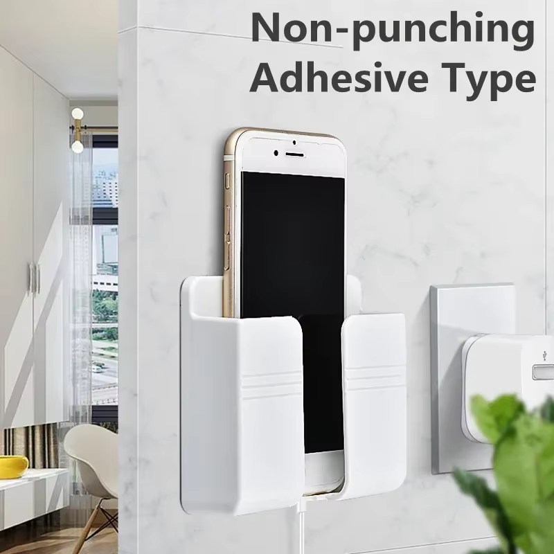 Support mural pour téléphone portable, blanc, sans poinçon, support de chargement pour téléphone portable, boîte de rangement pour télécommande paresseuse et collante