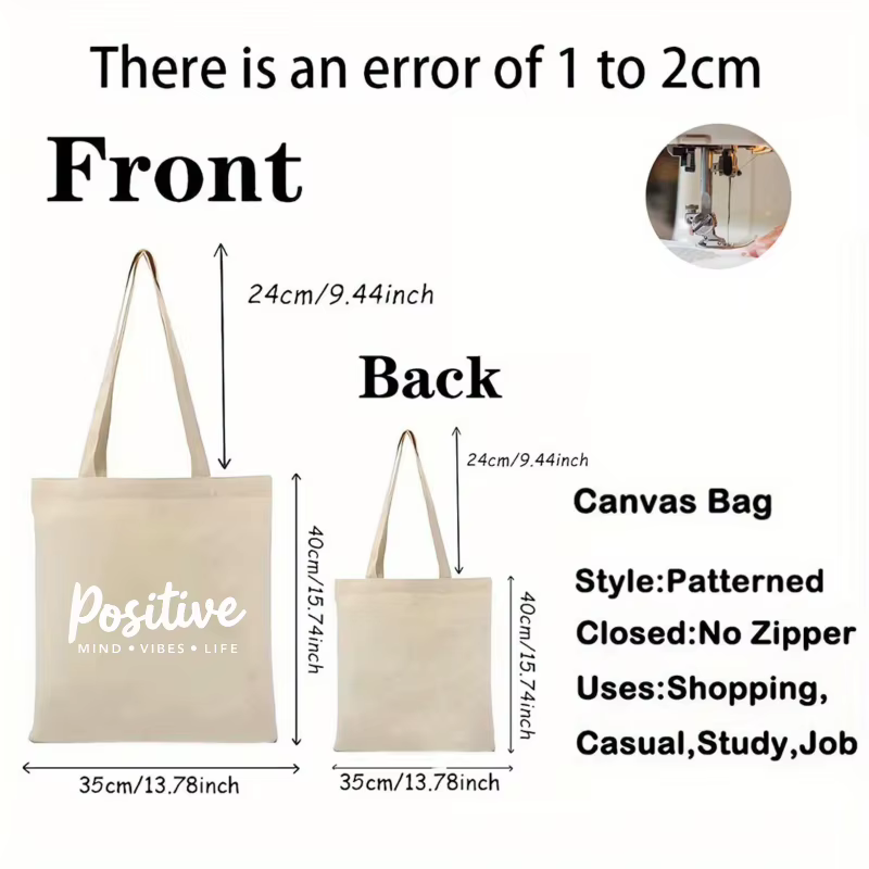 Sac fourre-tout en toile de couleur crème avec slogan vivant mindset positif imprimé sur le devant