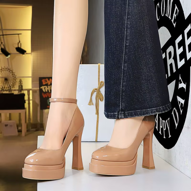 Chaussures simples à bout rond pour femmes, avec talons hauts, Double couche, plateforme imperméable, cuir verni, bande lumineuse, une longueur