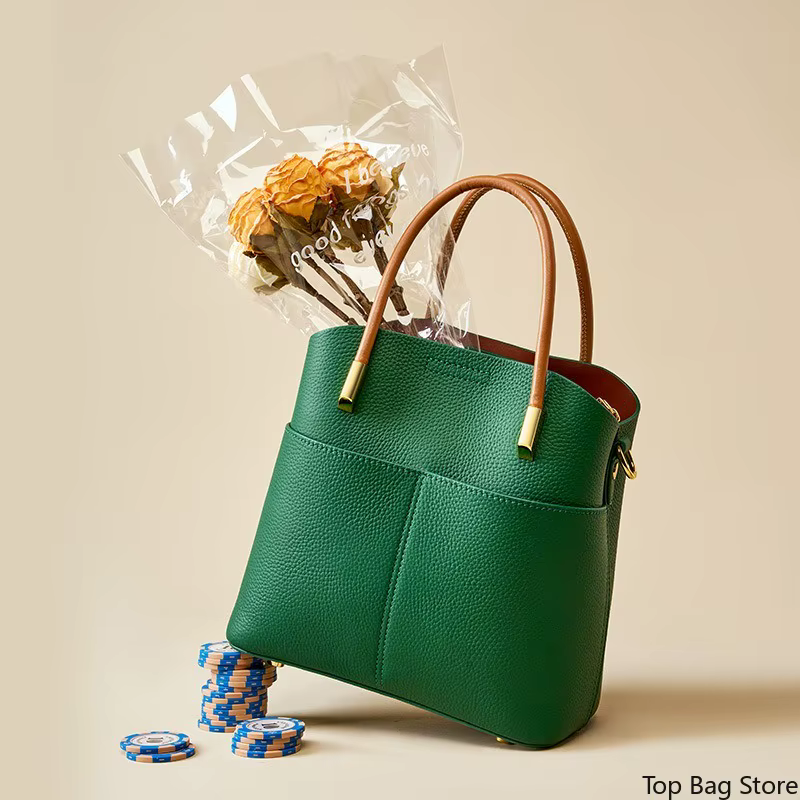 Sac seau en cuir véritable pour femme avec poignée supérieure et bandoulière amovible, sans logo, minimaliste, luxe discret