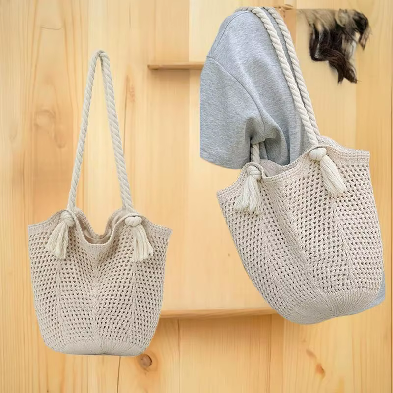 Sacs à bandoulière pour femmes, fourre-tout tricoté décontracté, fourre-tout fait à la main, grande capacité, sac creux d'été