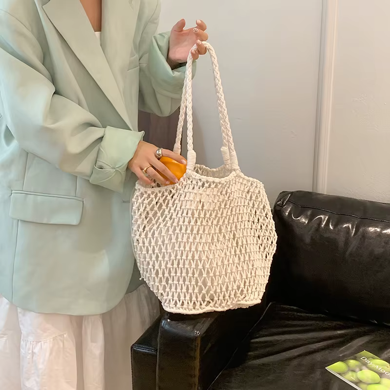Sac de tissage creux en coton chanvre, fourre-tout fait main de grande capacité, sac en filet portable pour les vacances à la plage, printemps et été