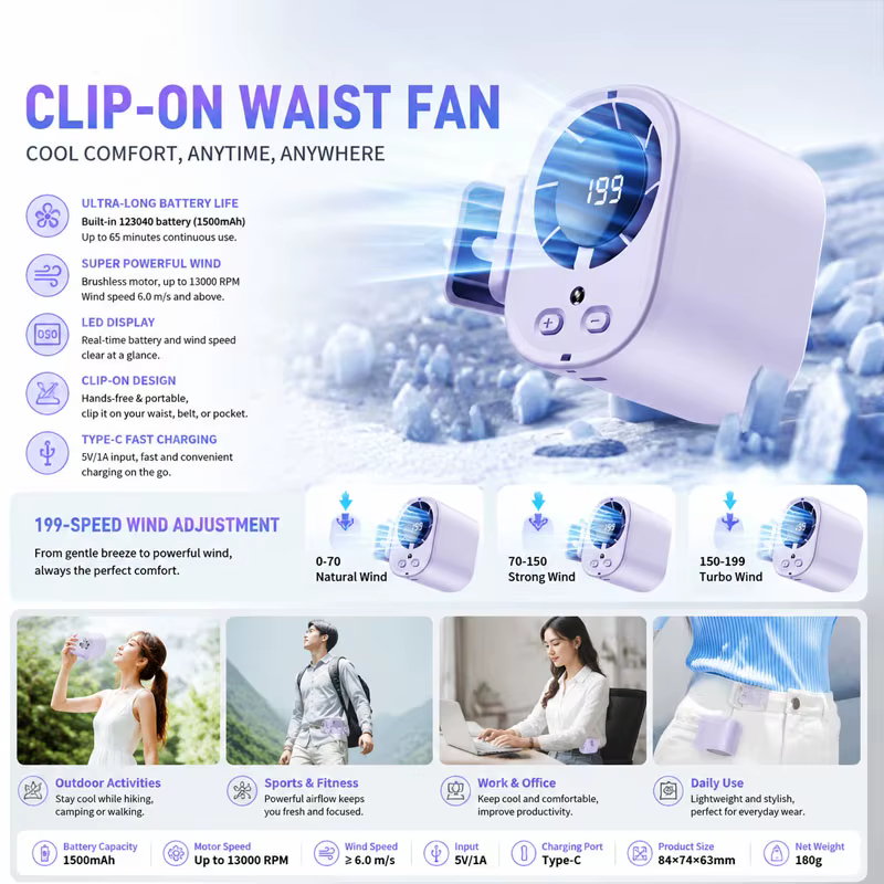 Mini ventilateur portable à pince avec 199 réglages de vitesse