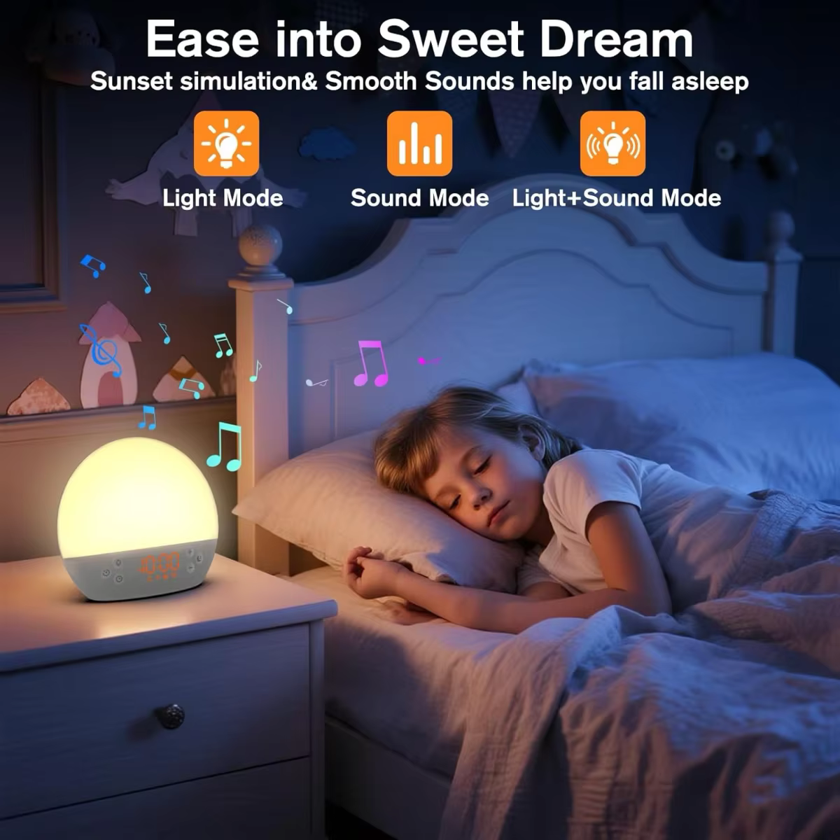Réveil lumineux avec simulation d'aube, veilleuse à intensité réglable et machine à bruit blanc avec 30 sons apaisants pour les dormeurs lourds