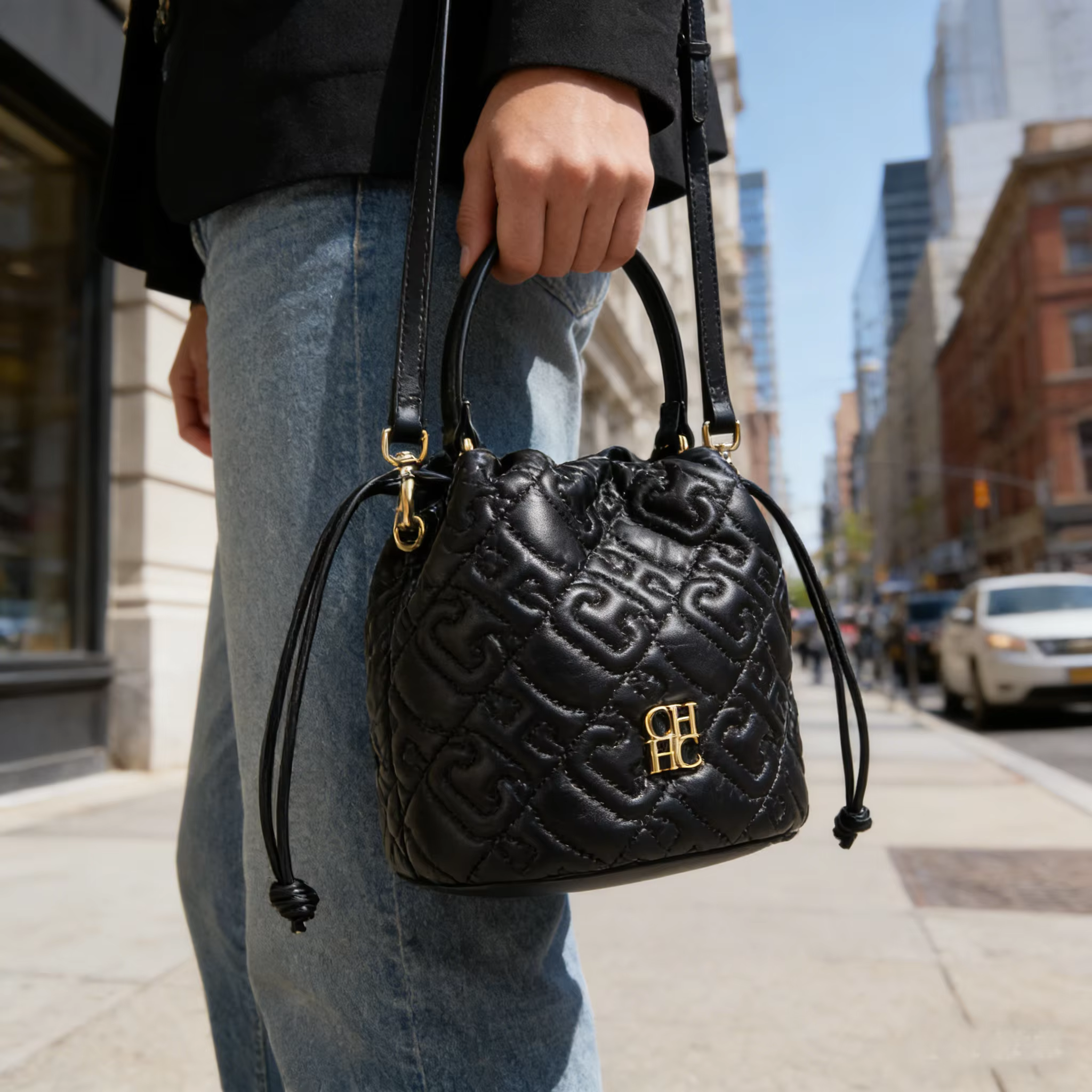 Sac seau pour femme CH en cuir PU à motif gaufré, avec cordon de serrage, bandoulière amovible et poignée supérieure