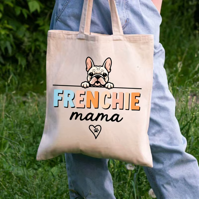 Sac fourre-tout en toile à motif de chien mère seau français de couleur crème avec motif en forme de coeur imprimé patte, adapté aux amateurs d'animaux de compagnie