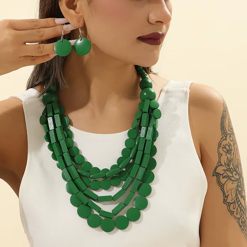 Ensemble de bijoux de style bohème africain, perles en bois géométriques, collier multi-rangs fait à la main pour femmes, accessoire de fête