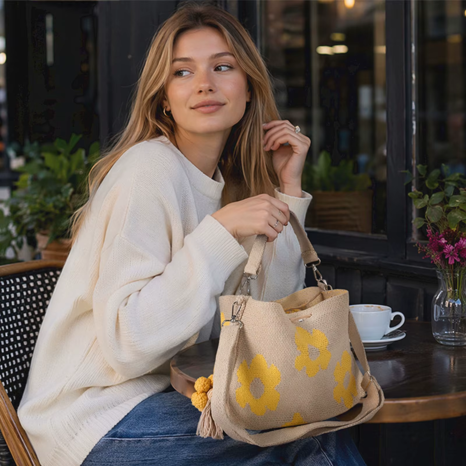 Sac fourre-tout en crochet fait main pour femme avec pendentif pompon