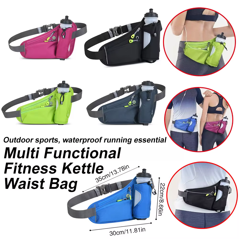 Sac banane de sport unisexe multicolore avec poche pour bouteille d'eau, ceinture de course ajustable et étanche, rangement pour téléphone portable