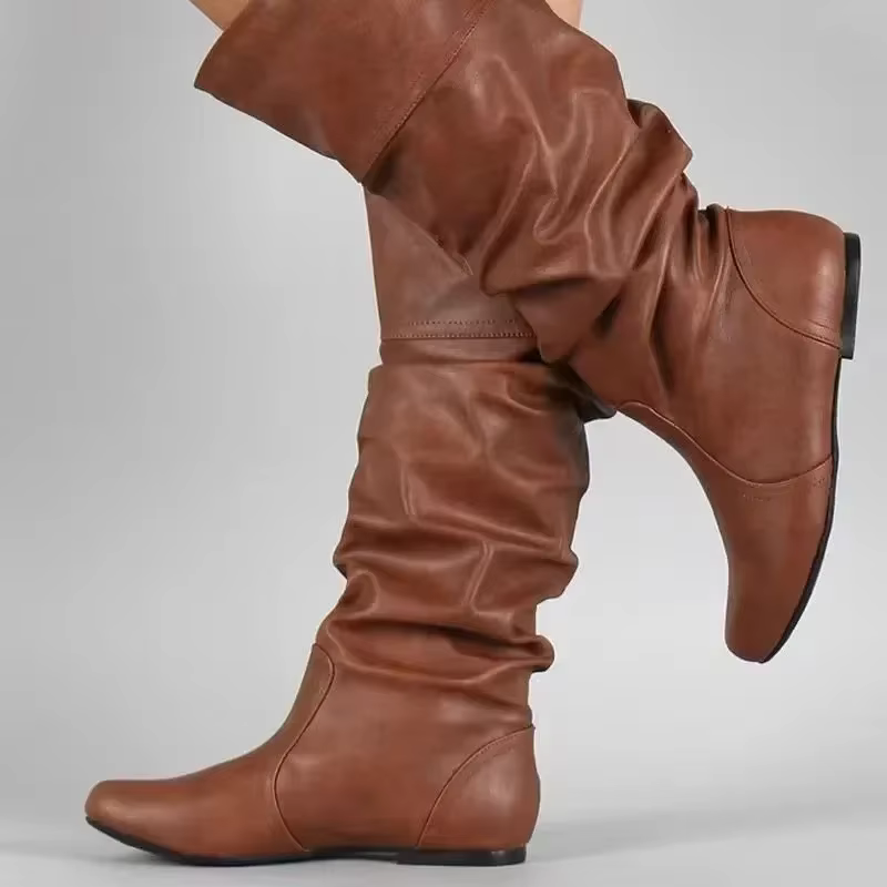 2025 nouvelles femmes bottes plates mode bottes en cuir plissé automne hiver sans lacet mi-mollet chaussures pour femmes marque concepteur bottes hautes
