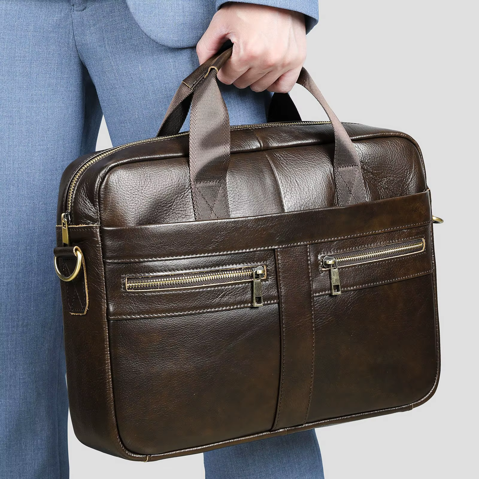 Porte-documents en cuir pleine fleur pour homme, sacoche d'ordinateur portable professionnelle avec bandoulière, sac à main grande capacité pour les trajets professionnels