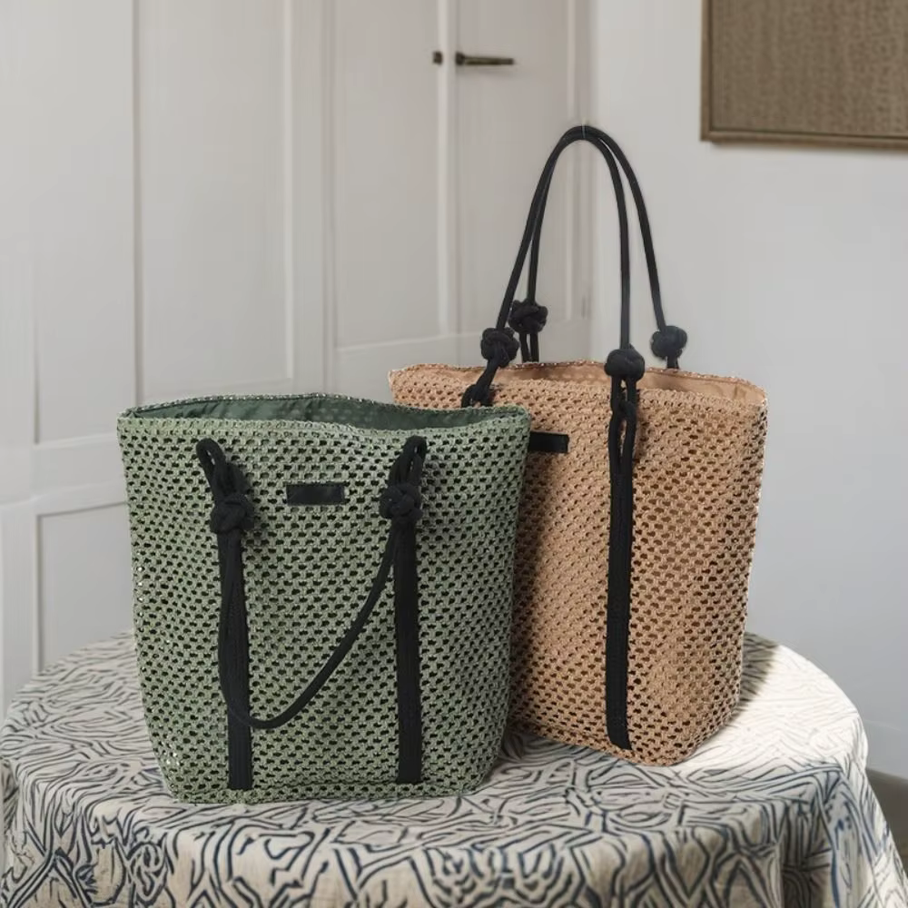 Sacs en paille tressés faits à la main, grande capacité, fermeture éclair, sacs de plage, sacs à main à poignée supérieure, couleur unie, sacs à bandoulière pour femmes