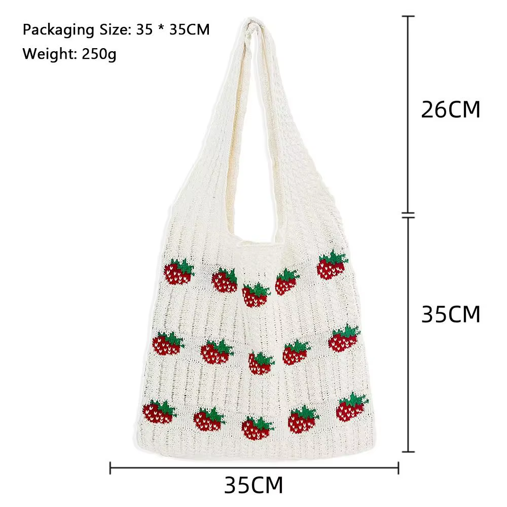 Sac à main tricoté pour femme, motif fraise, grande capacité, sac en crochet durable et léger, sac fraise