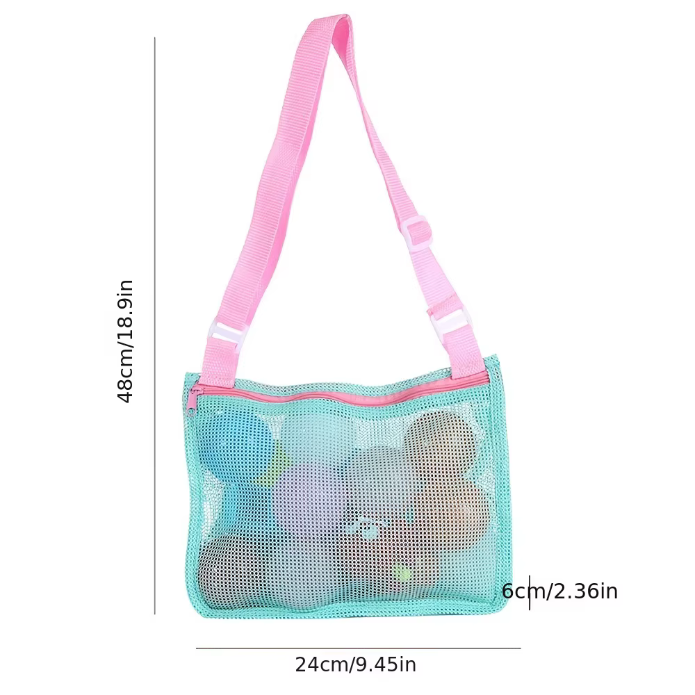 Sac de plage en maille pour enfants, avec sangle réglable, fermeture éclair, sac de rangement pour la plage et la piscine, résistant au sable, séchage rapide, léger