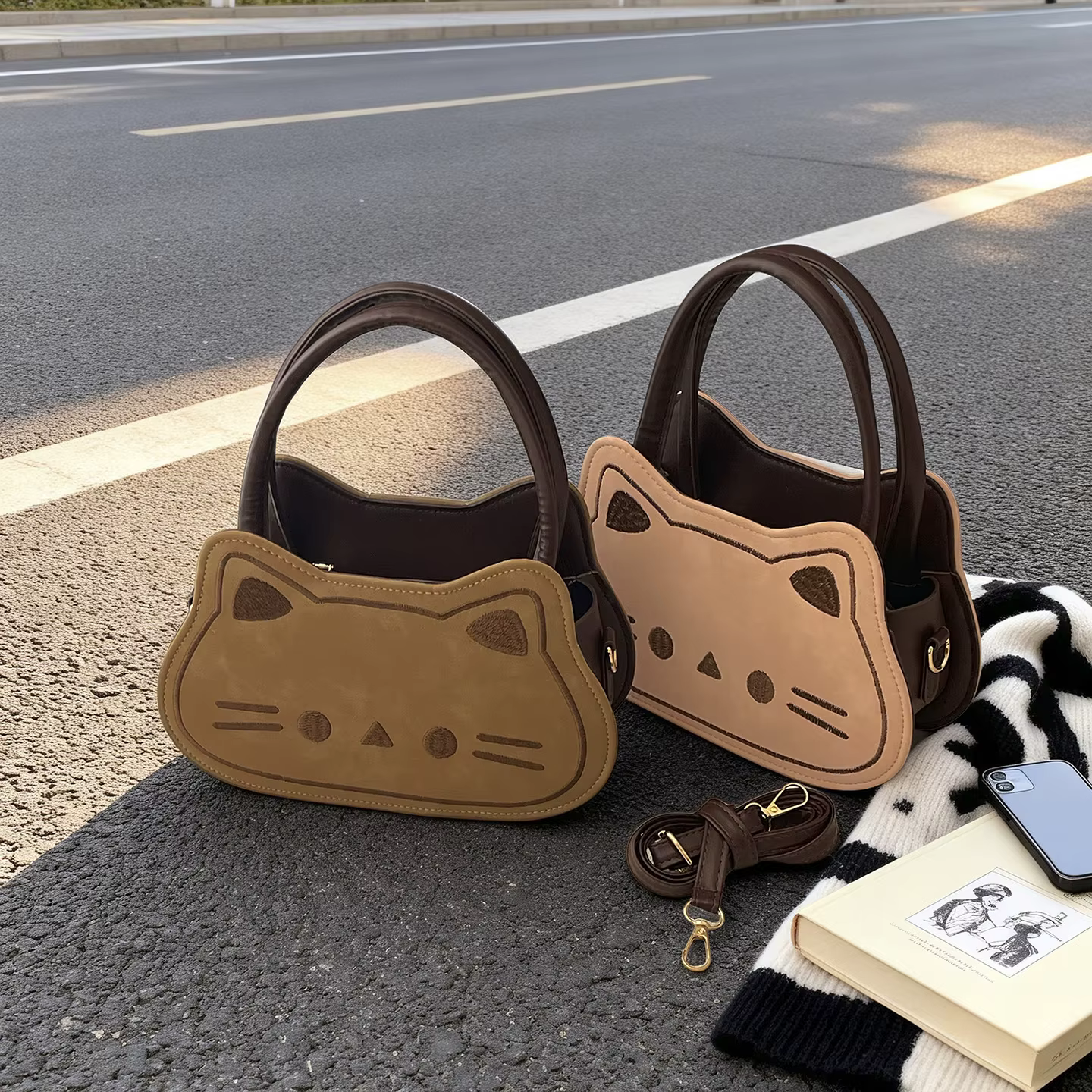 Sac à bandoulière mini mignon motif chat, sac polyvalent pour femme, sac de transport dessin animé mignon, style urbain, en PU, taille moyenne