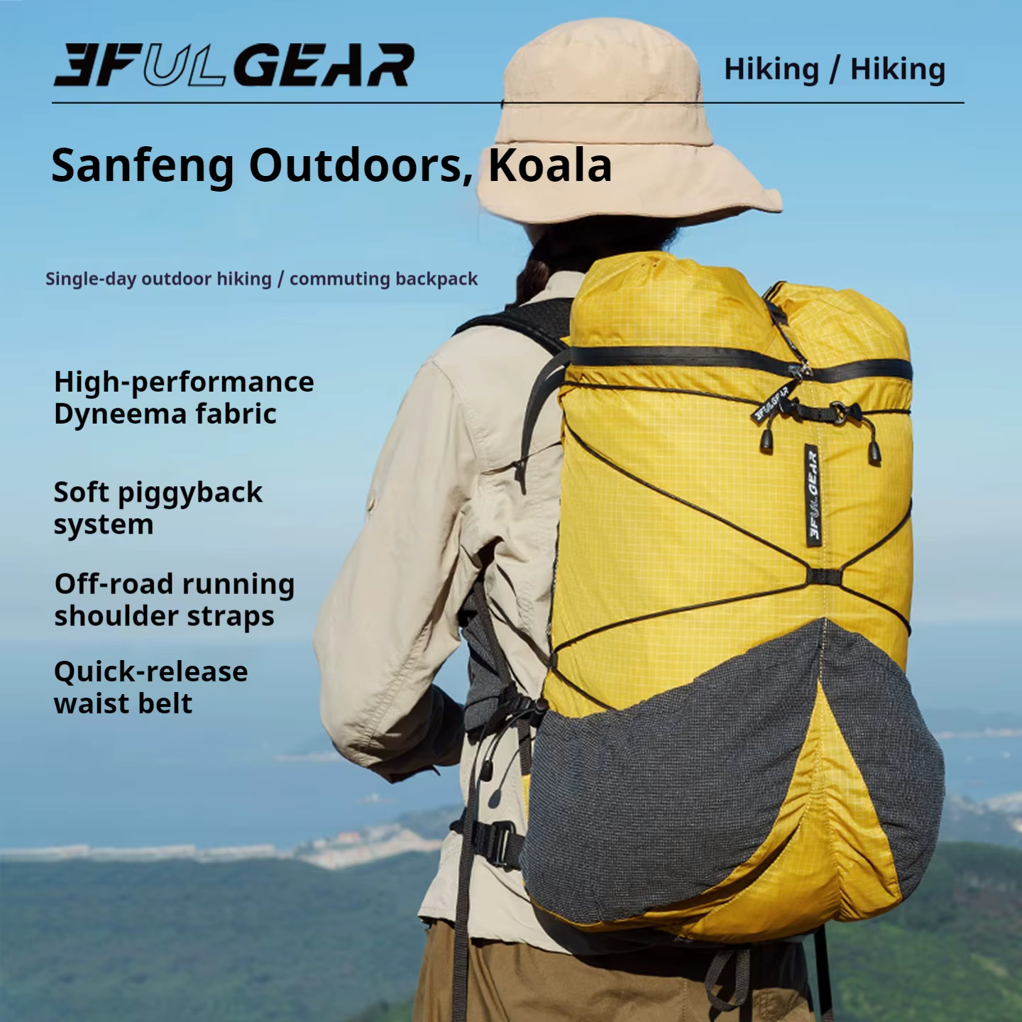 Sac à dos 3F UL GEAR KAOLA avec bretelles en maille nid d'abeille, léger, respirant, avec système de sac à dos souple IXPE, ventilé
