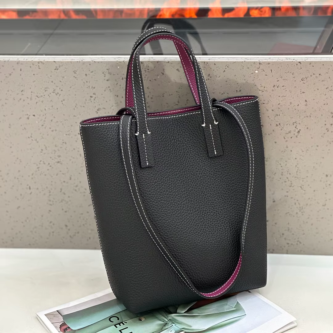 Sac Cuir Véritable Texture Lychee Main Tote Femme Peau Vache Couche Supérieure Doublure Contraste Couture Blanche Usage Quotidien Décontracté Élégant Moderne Minimaliste Mode Tendance 2025 Nouvelle Me