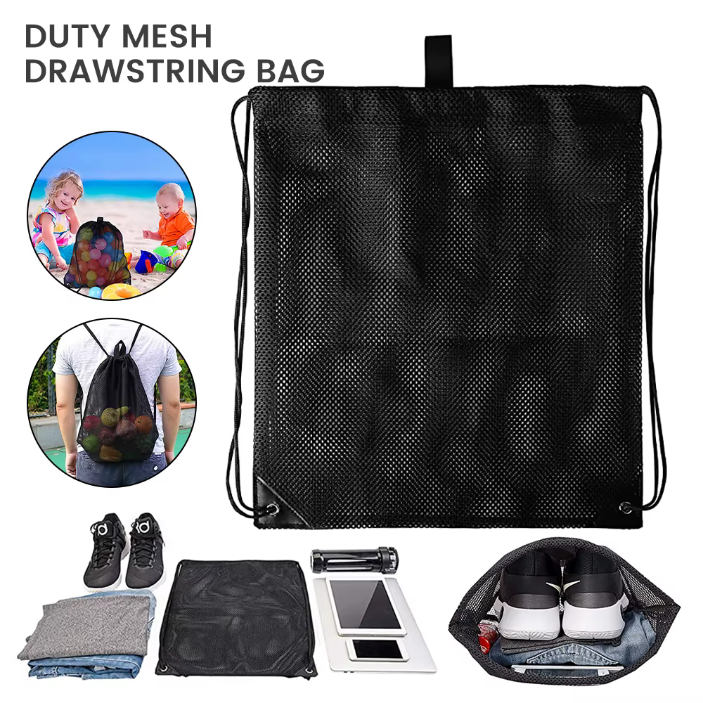 Sac à dos en maille à cordon de serrage, sacs en maille noire, sac en filet pour ballon de football robuste, sac d'équipement pour salle de sport, plage, équipements de natation
