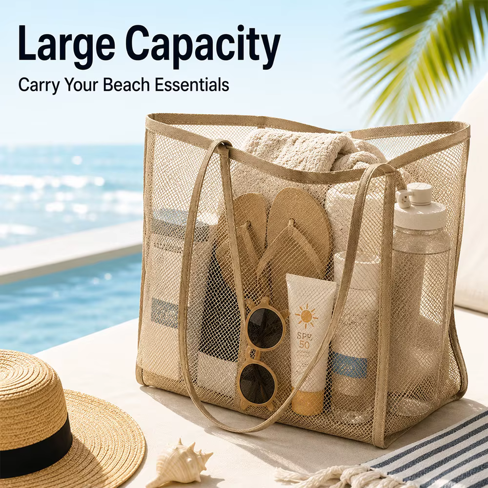 Sac de plage en maille portable, léger, respirant, à séchage rapide, sac de voyage pour les sorties à la plage, les activités de plein air, le rangement des serviettes et des jouets
