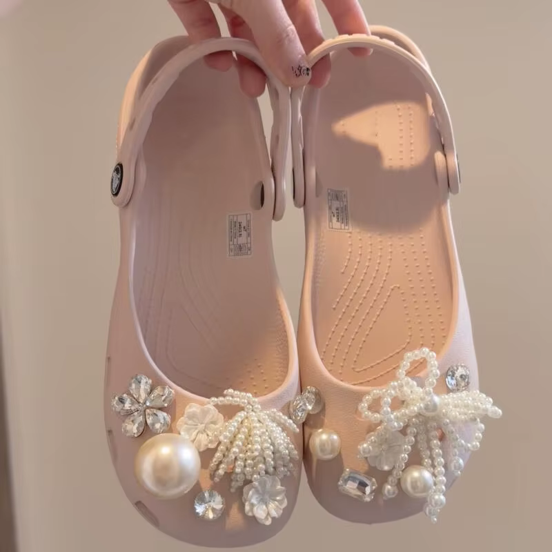 Accessoires de luxe pour sabots de ballet à chaîne de perles et fleurs