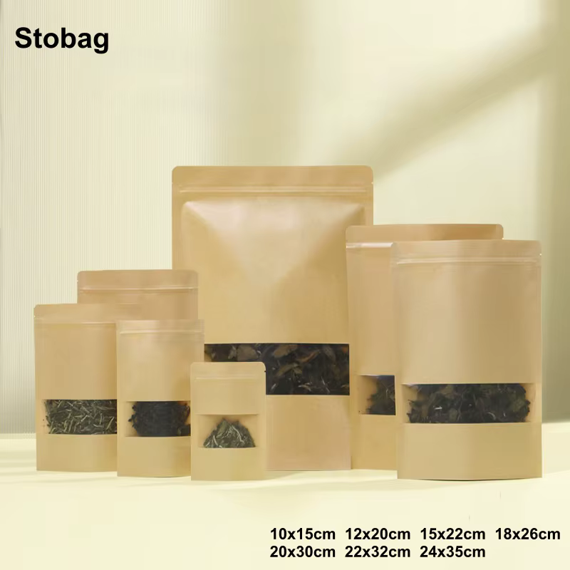 Sacs d'emballage alimentaire en papier kraft StoBag, 50 pièces, avec fenêtre, petits et grands, scellés, pour le stockage du thé, du café, des noix, pochettes réutilisables autoportantes