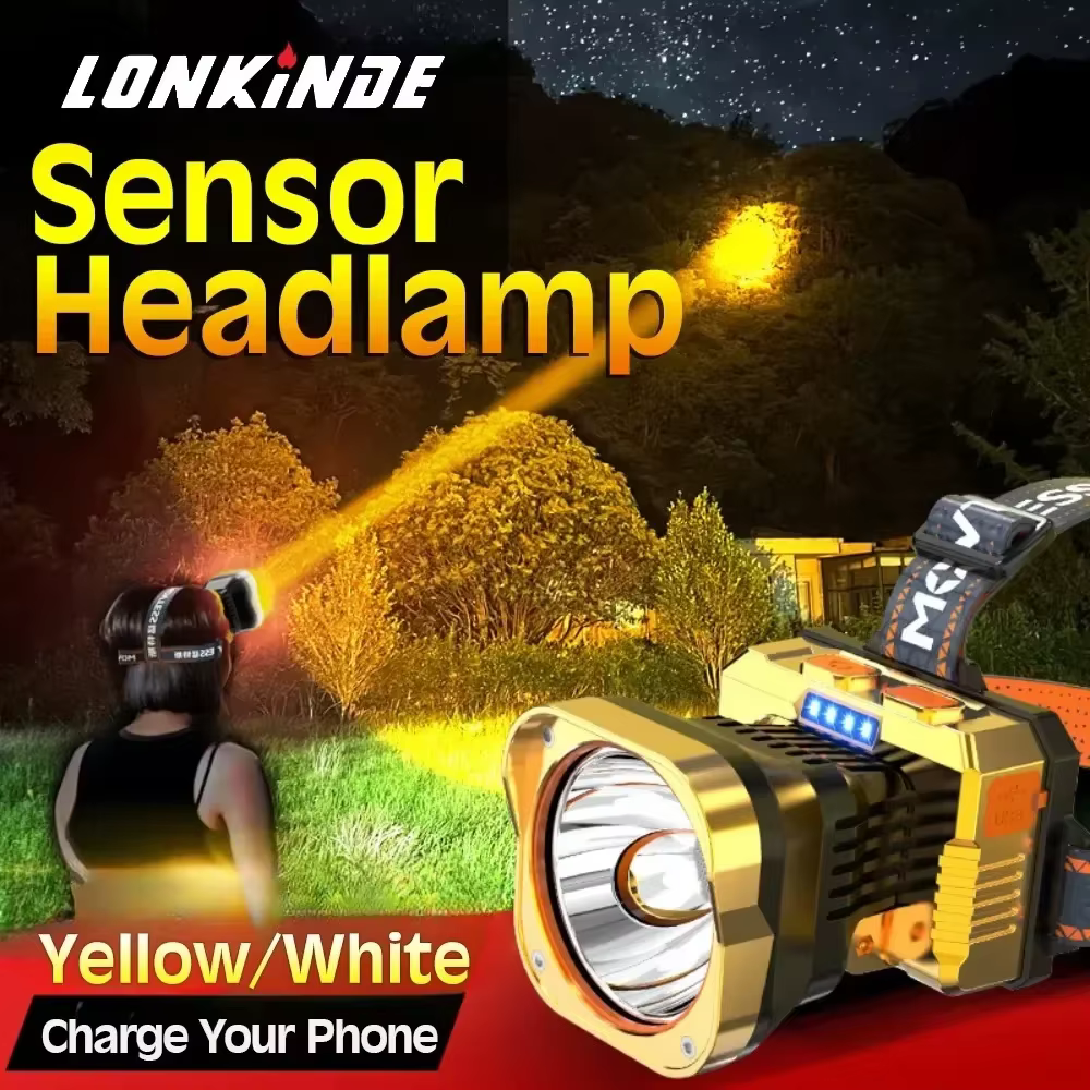 Lampe frontale LED étanche lanterne de pêche jaune/blanc phare puissant USB Rechargeable 18650 torche