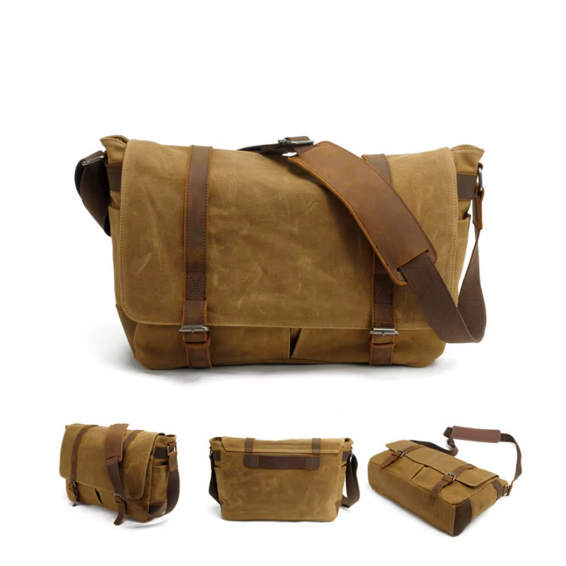 Sac pour homme - Sac pour appareil photo - Sac à bandoulière décontracté - Toile batik avec cuir Crazy Horse - Sac