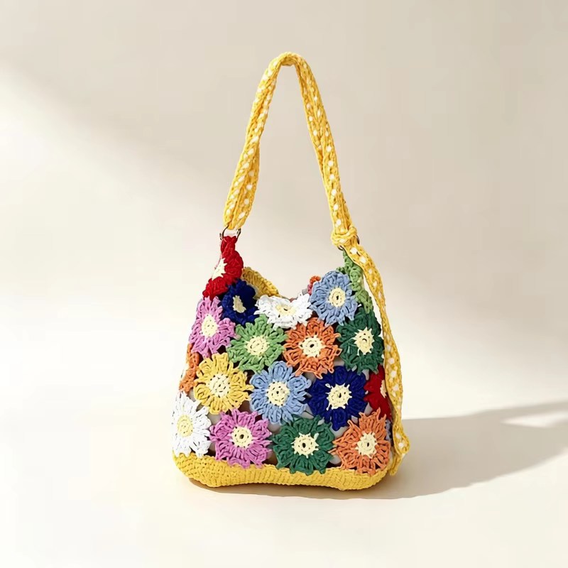 Sac fourre-tout d'été en coton tricoté au crochet fait main, motif floral bohème, sac à bandoulière de plage, sac de vacances, sac de shopping décontracté pour le quotidien