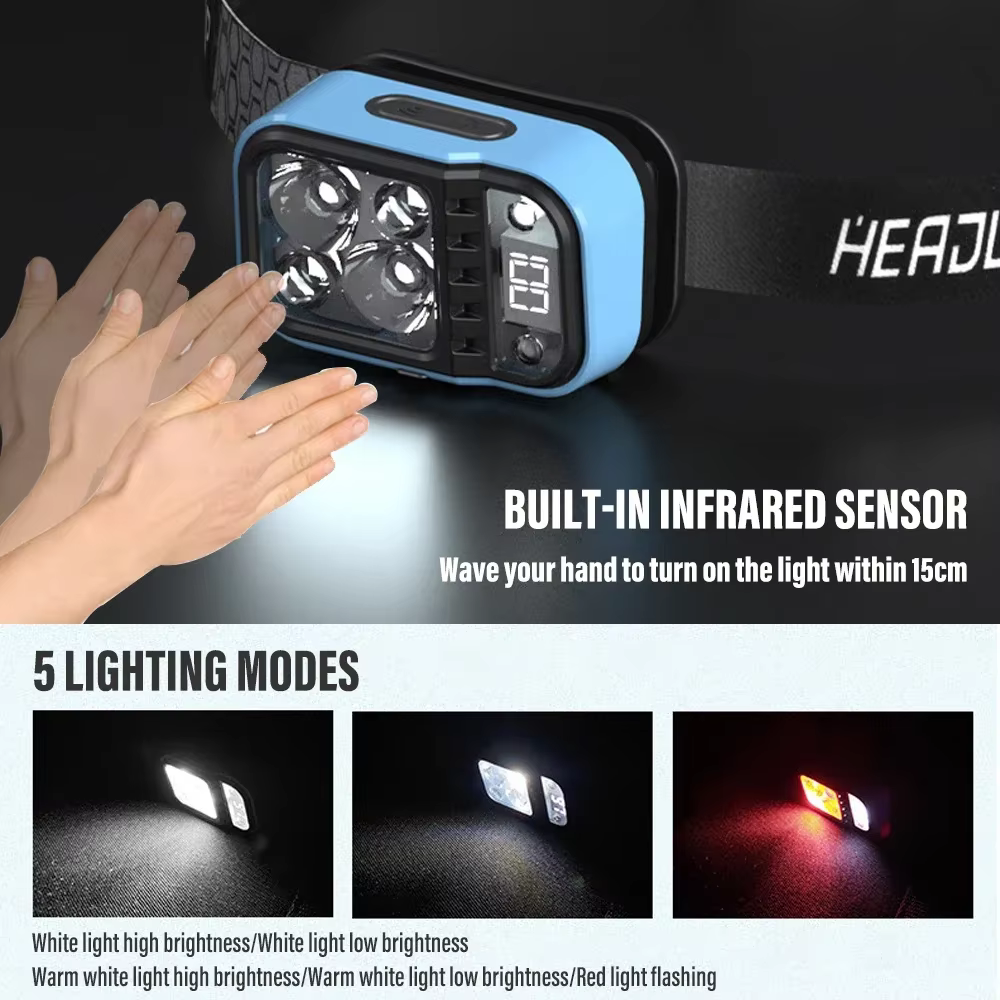 Lampe frontale LED de pêche Rechargeable avec capteurs et indicateur de batterie