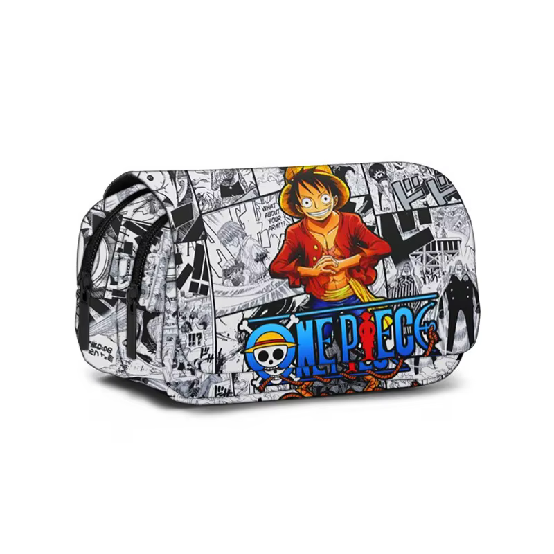 Trousse à crayons en toile à double fermeture éclair avec motif de bateau de dessin animé mignon, imprimé équipage de pirates nautiques, boîte de rangement spacieuse pour fournitures scolaires