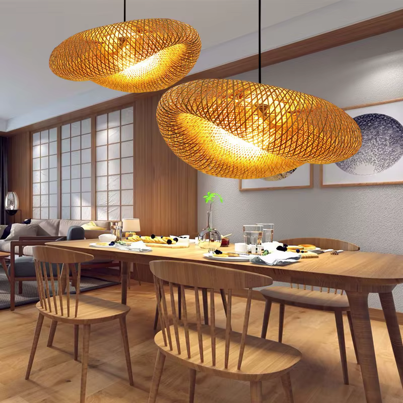 Fait à la main Vintage bambou tissage pendentif LED lumière maison suspendu lustre éclairage salon cuisine rotin tissé lampe