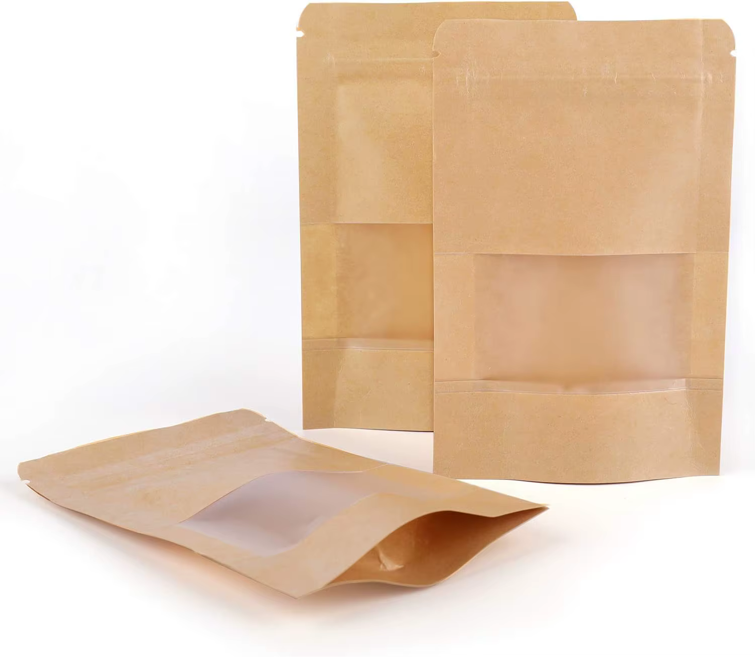 Lot de 300 mini-sacs en papier kraft de 3,5 x 5,5 pouces avec fermeture à glissière refermable et fenêtre transparente, sacs alimentaires autoportants