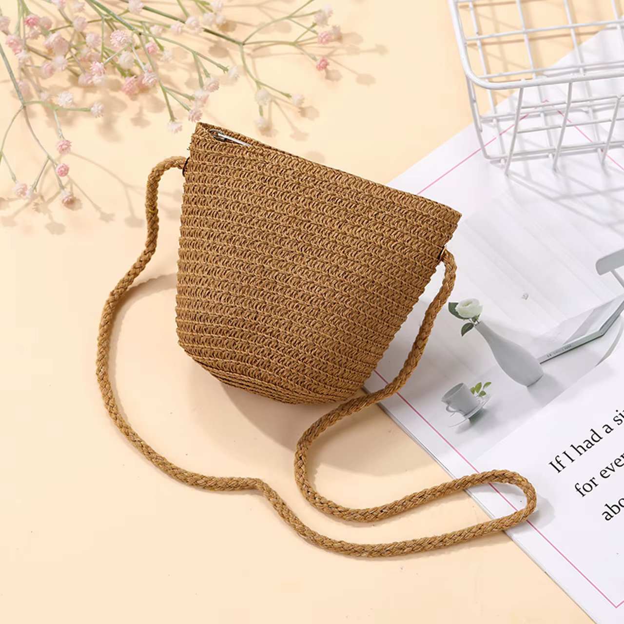 Sac en paille tressé pliable pour enfants, sacs à bandoulière d'été pour filles, sacs à main pour enfants motif cerises rouges, sacs de plage et de voyage, petits portefeuilles